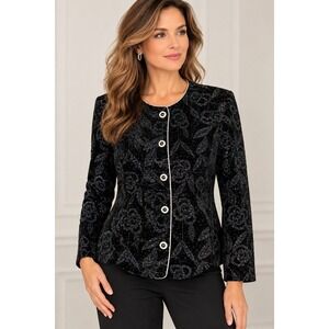 R&K Evening Black Velvet Floral Glitter Jacket Large Whimsigoth Glam Blazer